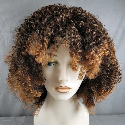 Wig Synthetic Short Kinky Curly Afro Bangs Golden Brown Ombré Black Cosplay