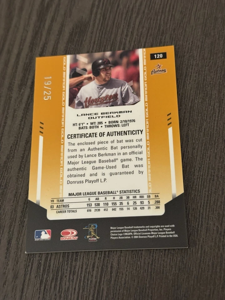 Espejo reliquia de murciélago dorado materiales certificados hoja 2004/25 #120 Lance Berkman Foto 4 de 4