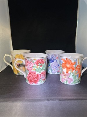 Vintage 1995 Lenox Flower Blossom Collection by Suzanne Clee 4 Mugs Porcelain