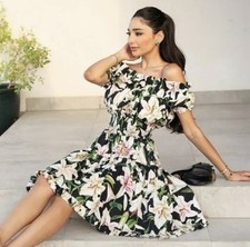 Dolce & Gabbana Cotton Lily Print Off Shoulder Dress