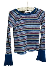 Free People Womens Ribbed Striped Long-Sleeve Wide Cuff Multicolor Blue/Maroon