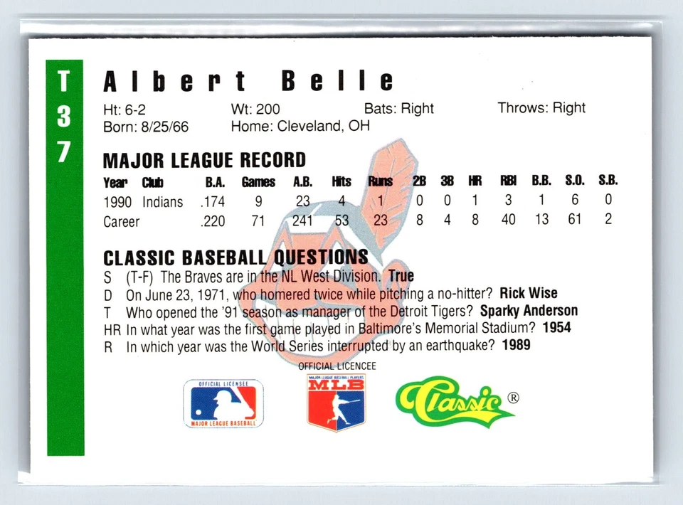 1991 Classic III #T37 Albert Belle - Image 2 of 2