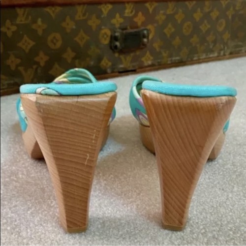 VINTAGE Y2K EMILIO PUCCI SANDALS WOODEN CLOGS HEELS COTTON CANVAS FABRIC AQUA 8M - Bild 4 von 9