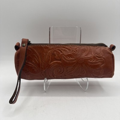 PATRICIA NASH BROWN TOOLED LEATHER WRISTLET BAG MAKEUP COSMETIC