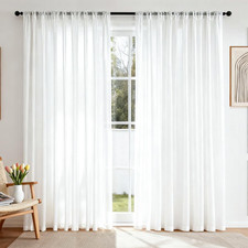 White Linen Blend Curtains 96" Long, 2 Panels Light Filtering Drapes