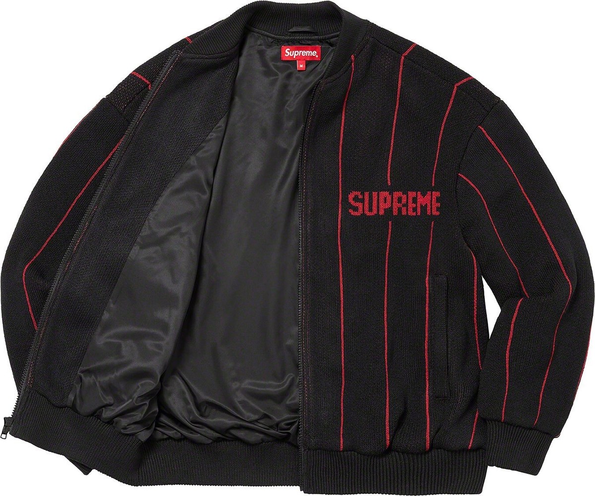 Supreme Pinstripe Varsity Full Zip Up Sweater Black Red Bred Supreme Pinstripe Varsity Full Zip Up Sweater Black Red Bred