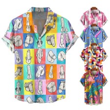 Mens Novelty Button Shirt Fun 3D Printed Short Sleeve T-Shirt Hawaiian Top Beach