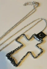 Cross Necklace Religious Jewelry CUT OUT Long Modernist Silver Tone 30 in  
