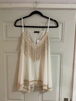 New Made in Italy Lagenlook Cream Tassel Sequin Crystal Cami Top - Size M BNWT - Image 1 of 4