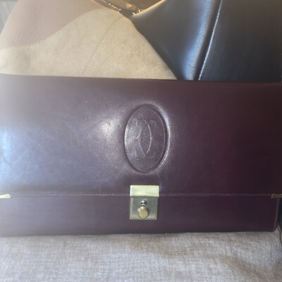 Cartier Vintage Bordeaux Burgundy Leather Large Envelope Clutch Bag Travel  Key