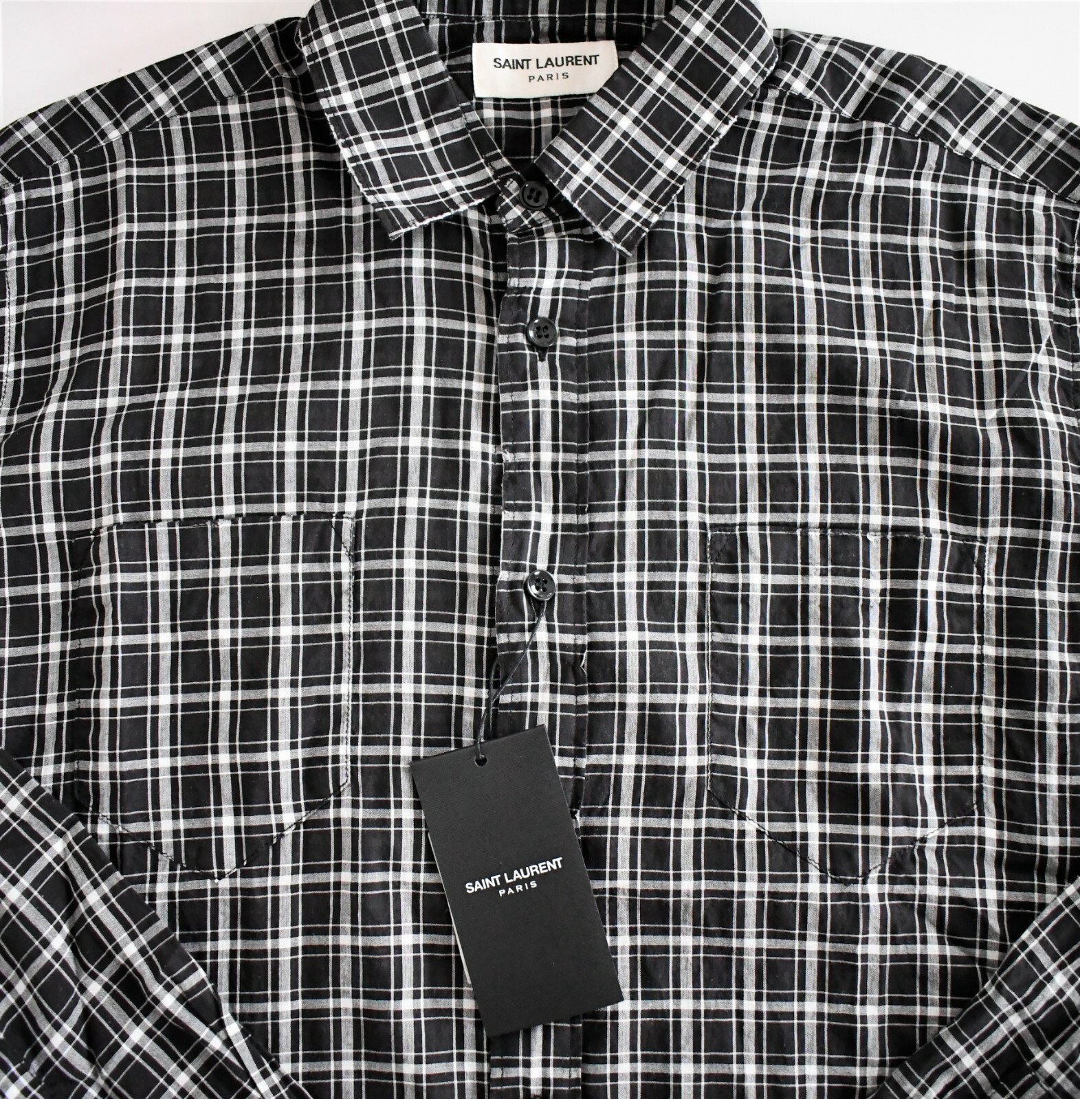 ️ Camicia originale Saint Laurent Paris bianco nero stampa a controllo 100% cotone 37 14 5