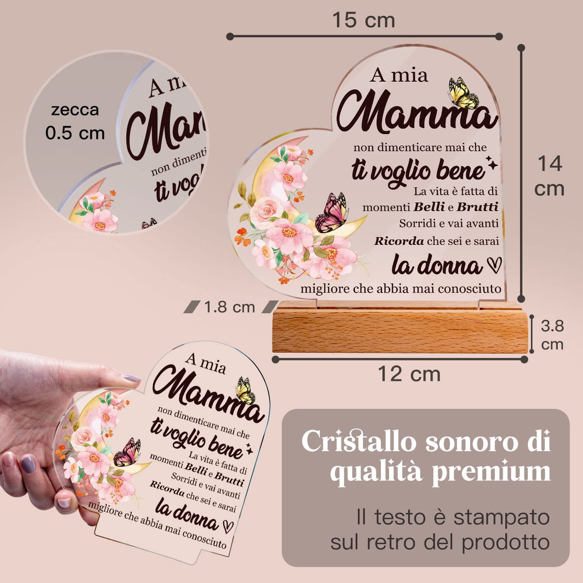 Targa Acrilica A Cuore Per Festa Della Mamma - Regalo Emotivo Con Scritta 'Ti Voglio Bene Mamma'