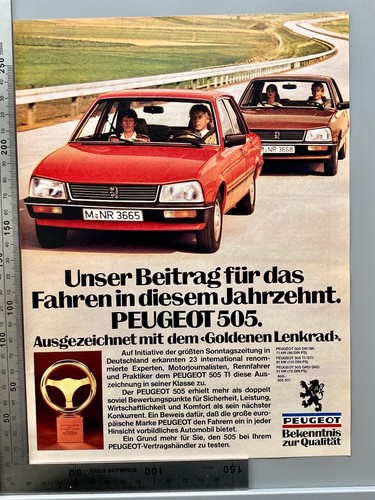 Peugeot 505 Goldenes Lenkrad Original Vintage Werbung 1980 Reklame advert