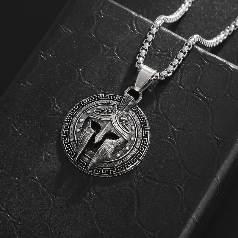 Ancient Greek Shield Spartan Warrior Helmet Pendant Necklace Men Amulet Jewelry