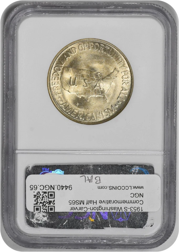 W. Carver Commemorative Silver Half Dollar 1953-S MS65 NGC - Image 2 of 2