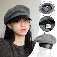 Autumn Winter Versatile Woolen Newsboy Hat Adjustable PU Brim Wool Peaked Cap 1x