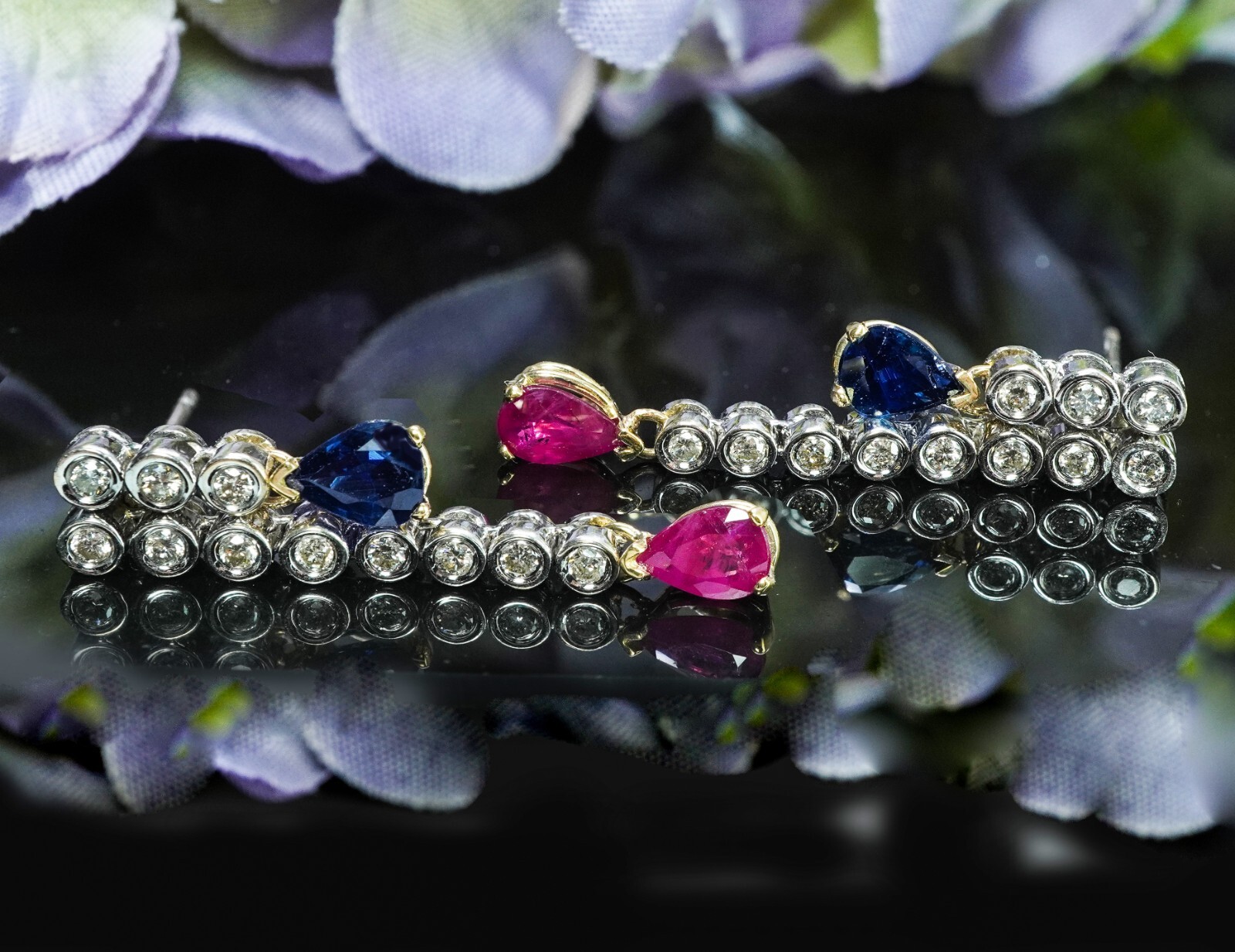 Vintage Ruby Sapphire Diamond Dangling Earrings 1… - image 1