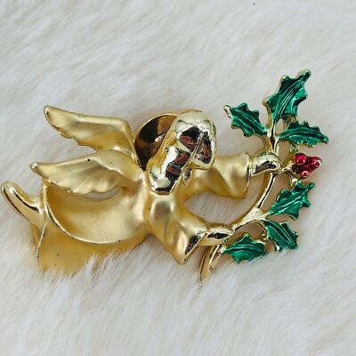 Gigi Giusti Christmas Angel Gold Tone Lapel Pin w/ Holly Branch