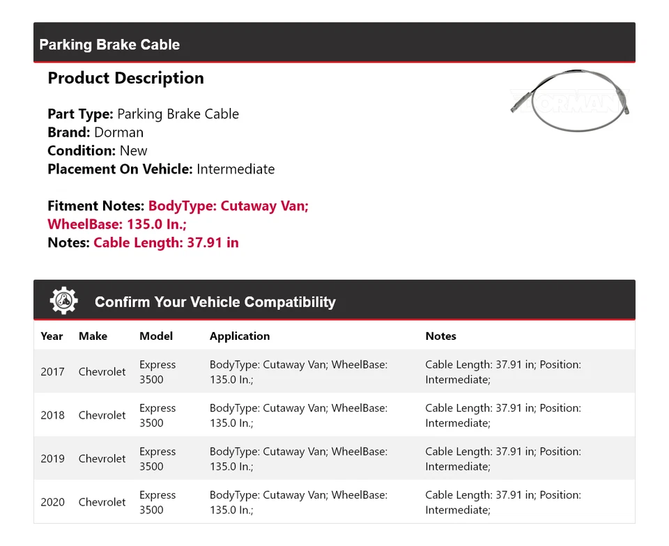 Cable de freno de estacionamiento Dorman 2018 para Chevrolet Express 3500 2017-2020 Foto 2 de 4