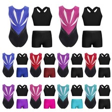 US Girls 3Pcs Sparkle Rhinestone Gymnastics Leotard Ballet Dancewear Ballerina