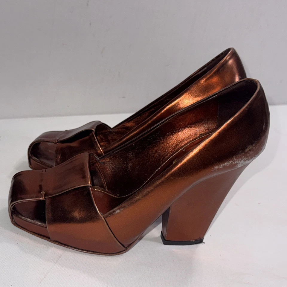 Sandalias de tacón de diseñador Yves Saint Laurent YSL canasta naranja bronce cuero 37,5 Foto 3 de 4