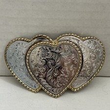 Vintage  W USA  Triple Heart Belt Buckle Heavy Metals Western Statement