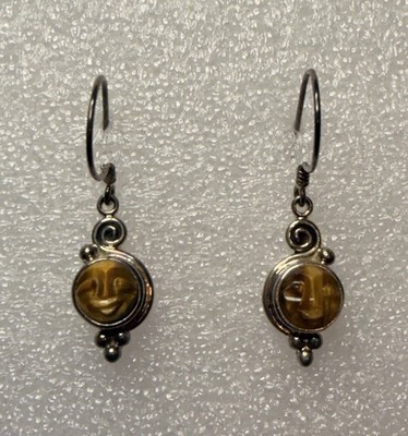 Sajen Tiger's Eye & Citrine Carved Round Moon Goddess Earrings Sterling Silver