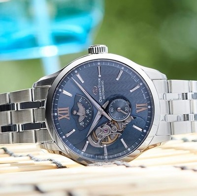 Orient Star RK-AV0B08L Light Blue Contemporary Layered Skeleton Open Heart Japan