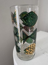 Fred Press Glass Fish Green Gold Tall Cocktail Drinking Vintage Signed Mcm