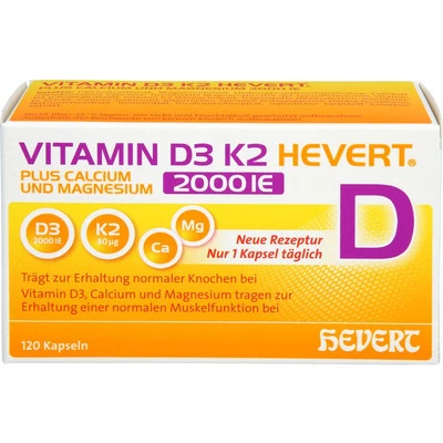 HEVERT ARZNEIMITTEL GMBH & CO. KG VITAMIN D3 K2 Hevert+Calcium u.Magnes.2000 IE Kps. 120 St PZN19295699