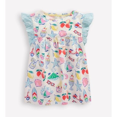 Mini Boden Dress White Beach Vacation Summer Novelty Print Flutter Sleeve 5-6Y