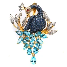 925 Sterling Silver Sky Blue Topaz, Sapphire & Zircon Peacock Brooch/Pendant