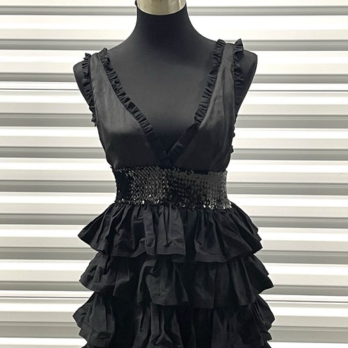 MANOUSH Tiered Ruffle Deep V neck Dress Black Size 8 floor length - Picture 12 of 13