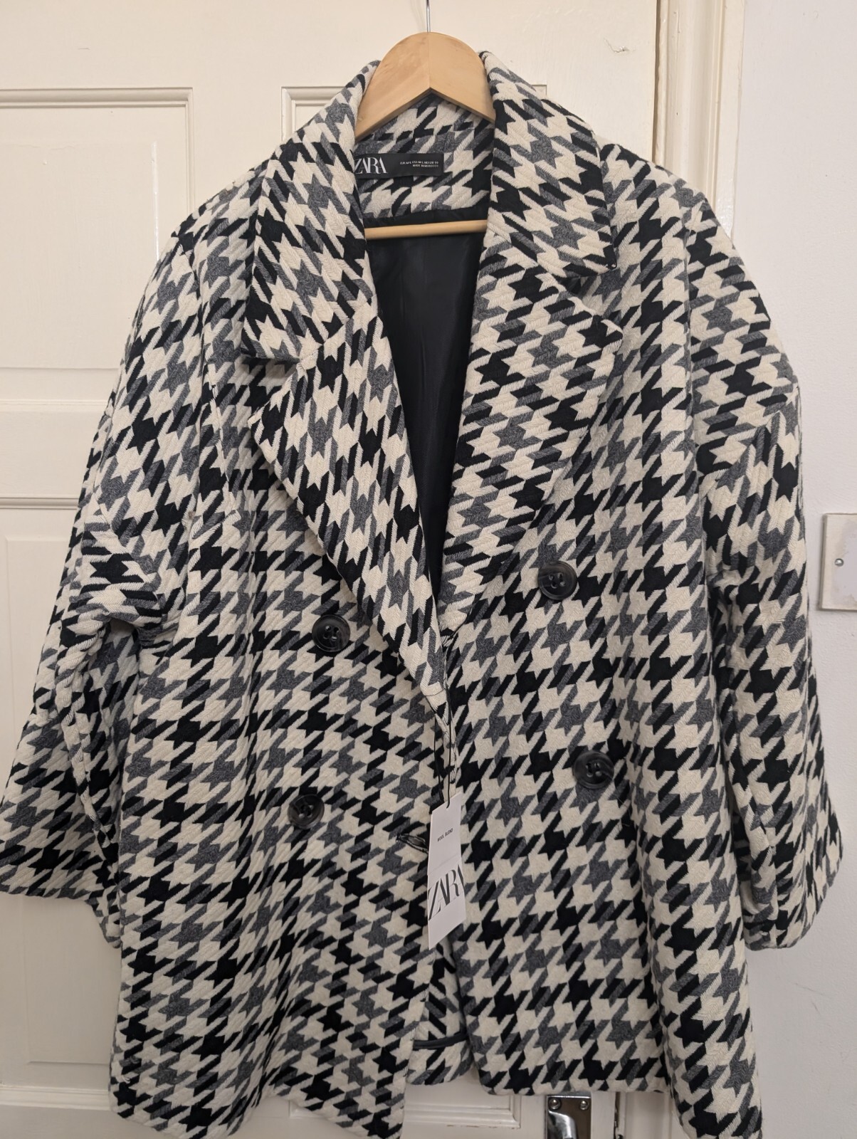 Rare ZARA Houndstooth Wool Blend Black Grey & White Coat Jacket - Size M-L