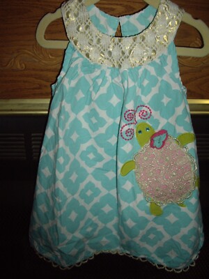 T25 EUC Girls Size 4T Mud Pie Summer Sundress Detailed Turtle Applique Blue