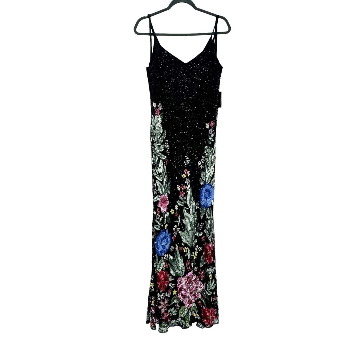 Mac Duggal Floral Embellished Spaghetti Strap Gown Dress