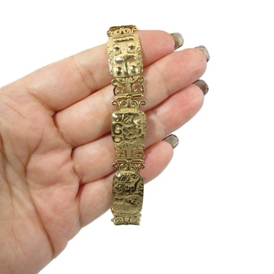 Very Unique 14K Gold Aztec-Mayan Panel Link Bracelet Size 7.5'' /  17.3 Grams