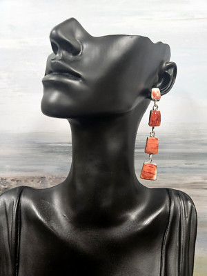 Sterling Silber Koralle Ohrringe Chaco Hänger Tropfen orange Stein 3 Zoll Neu mit Etikett