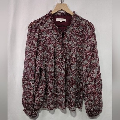NWOT LOFT Floral Pleated Sleeve Mock Tie Blouse Women's L Red Cottagecore Retro