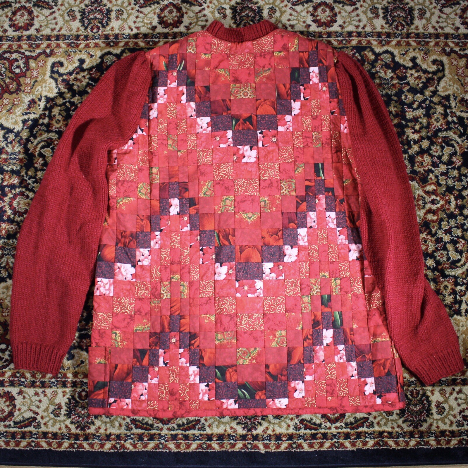Handmade red patchwork quilt button up jacket wit… - image 2