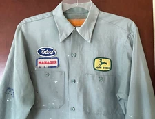 Vintage John Deere Roland Manager Patch Button Down Shirt L/S Mechanic Green