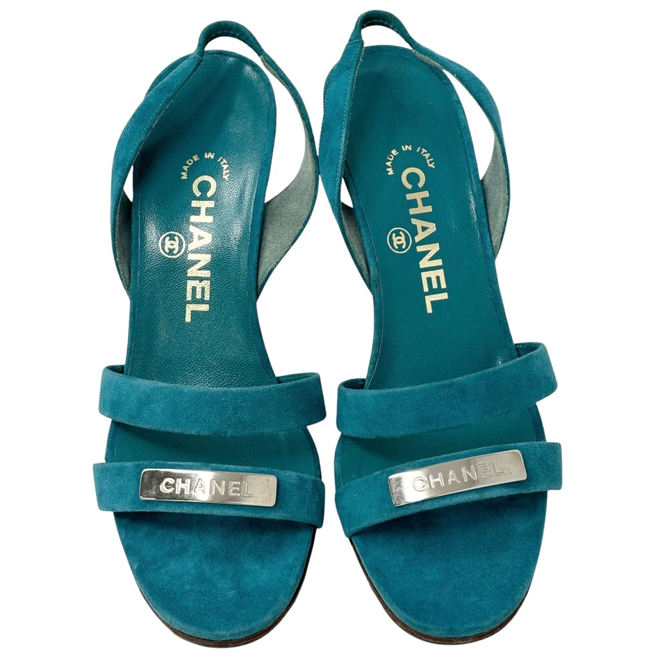 CHANEL Vintage CC Logo Open Toe Sandals Heels #36 Blue Silver Suede - Image 2 of 4