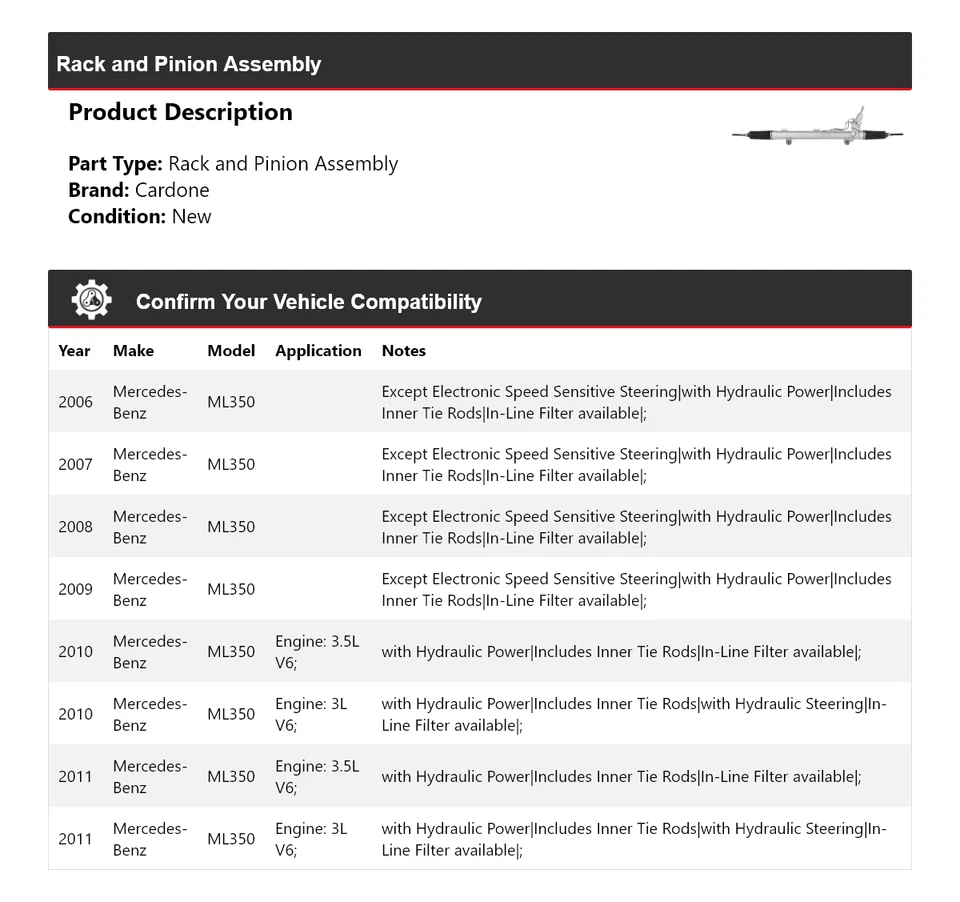 Conjunto de piñón y cremallera Cardone 2007 2008 para Mercedes-Benz ML350 2006-2011 Foto 2 de 4