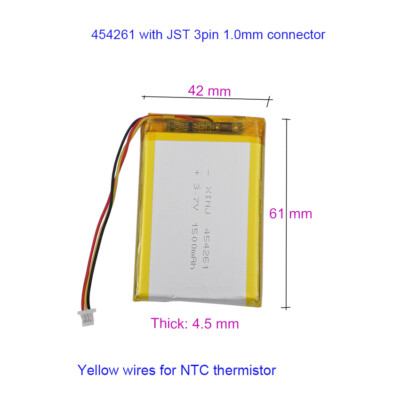 3.7V 1500mAh 5.55Wh Li-Polymer Li Battery 454261 JST 3pin 1.0mm NTC Thermistor