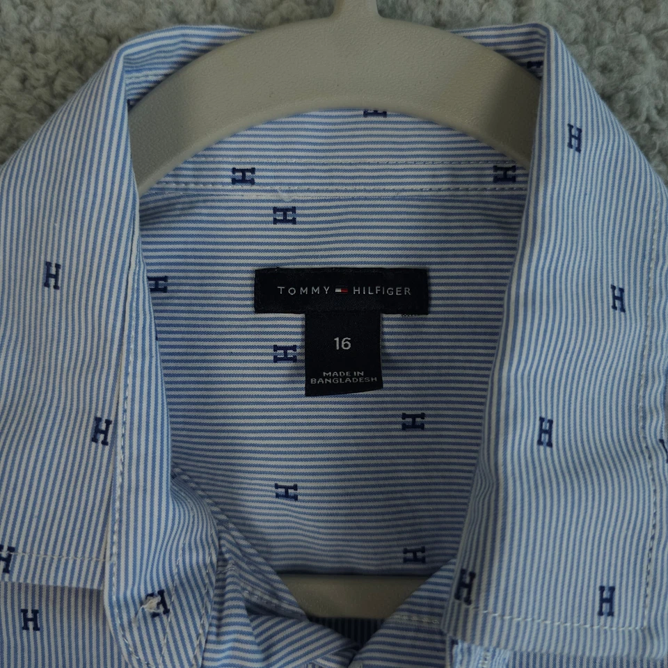 Tommy Hilfiger Shirt Boy 16 Blue White Striped AOP H Button Up Dress Long Sleeve - Image 4 of 4