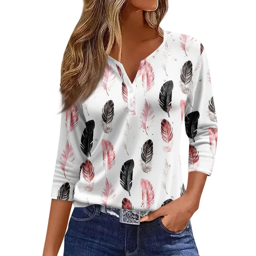 Womens Tops Casual Blouses Tops 3/4 Sleeve V Neck Tunic Top Loose Button T Shirt - Picture 3 of 18