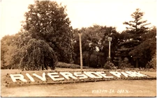 Riverside Park Greeting Sign in Vinton Iowa Log Letters 1941 RPPC Postcard Photo