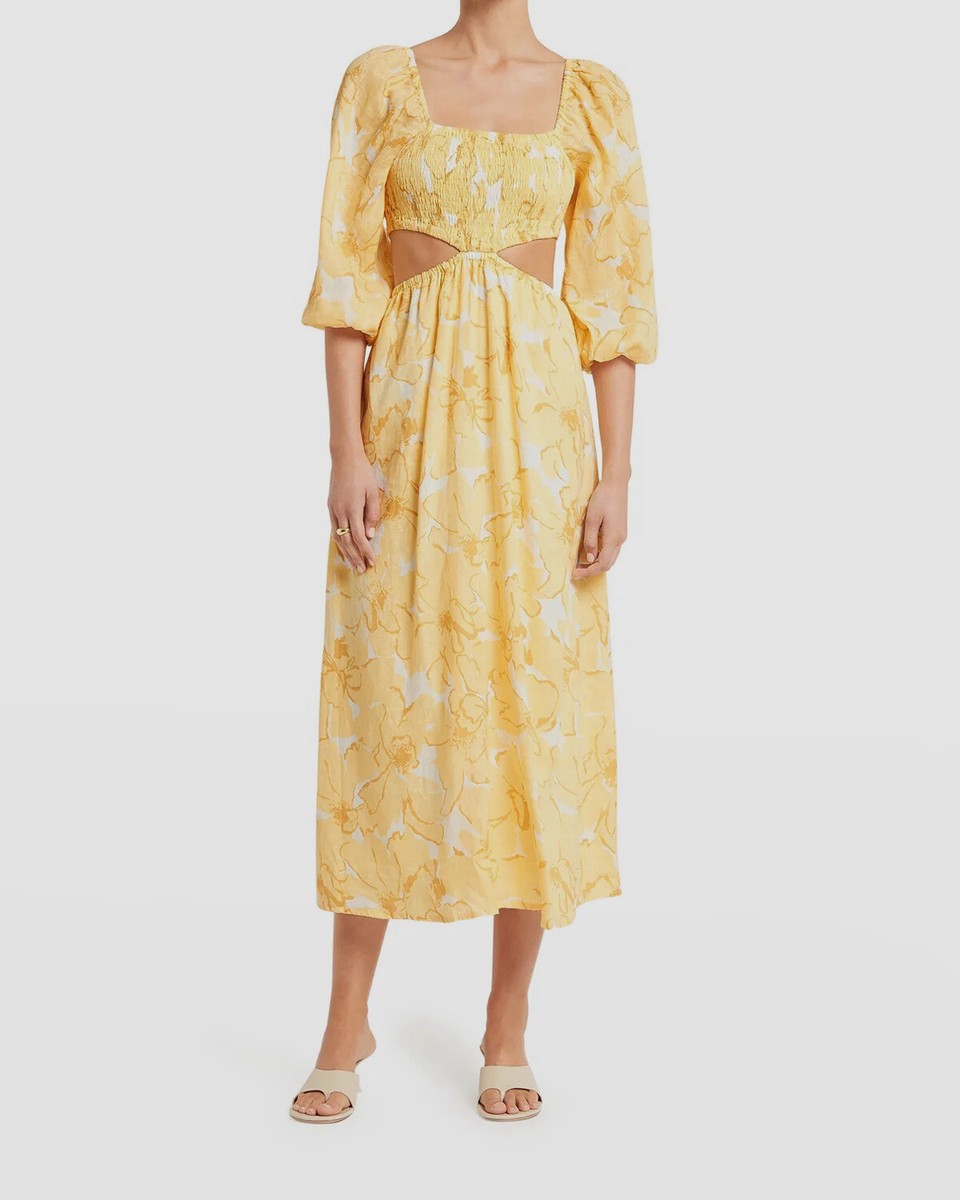 $329 Faithfull The Brand Womens Yellow Linen Floral Cutout Shift Dress Size US 6