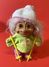 Vintage RUSS TROLL DOLL BORN TO SKI Skiier with Poles and Hat 5"