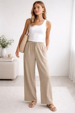 Zara Women  s Beige Knit Wide-Leg Pants Elastic Waist Pockets